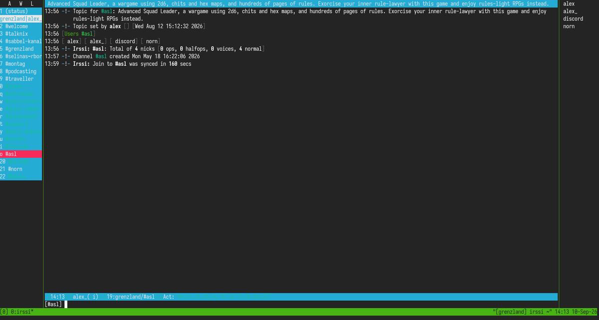 A window showing the #asl channel, with the window list on the left and the channel members on the right.